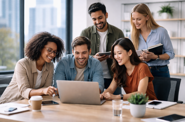 A diverse group of five people smile and collaborate around a laptop in a modern office with large windows and city view.