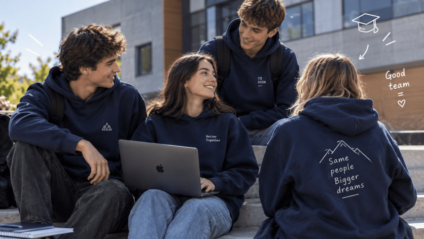 Four students in navy hoodies sit on steps, smiling, with a laptop. The hoodies have motivational phrases. Doodles enhance the casual scene.