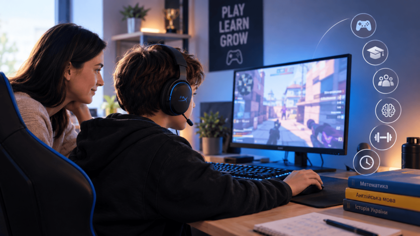 A boy wearing a headset plays a video game on a computer while a woman watches. Books and icons representing education balance gaming.